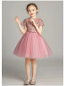 Short Sleeves Mauve Sequined Lace Tulle Flower Girl Dress